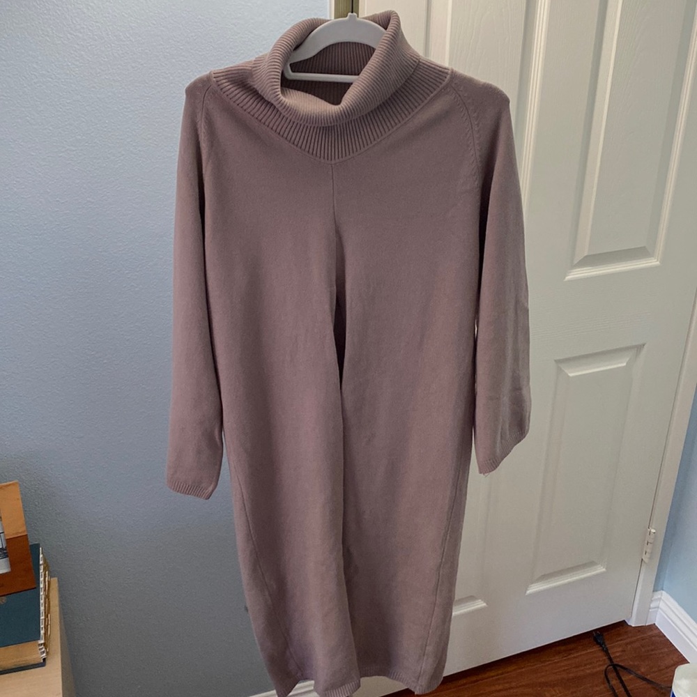 Long-turtle neck sweater meant for someone 5’6” or shorter
